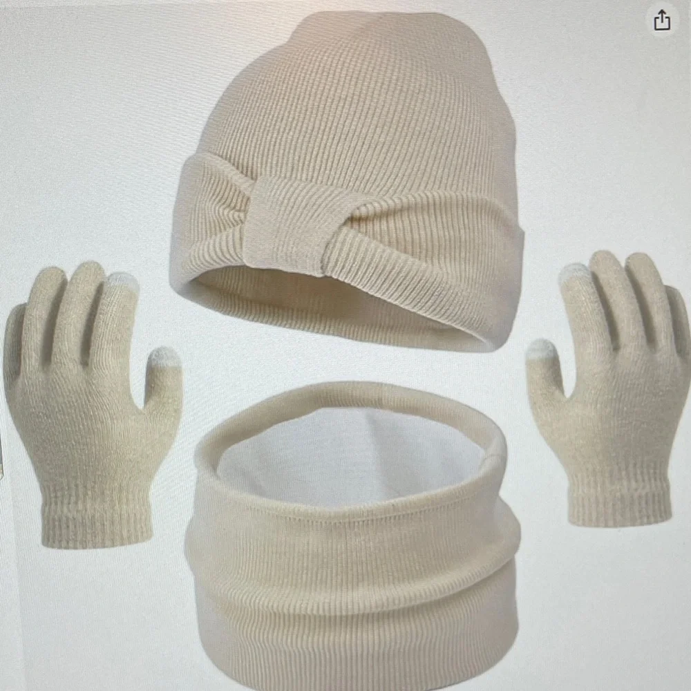 Cream Knit Hat, Scarf, and Gloves Set